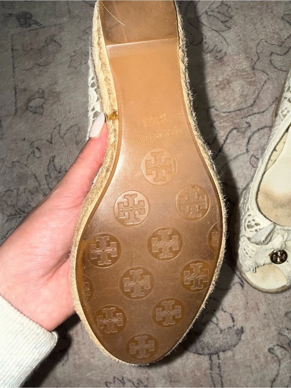 Tory Burch Cream Lace Peep-Toe Flats with Logo Charm